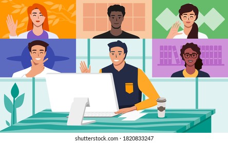 Man Doing Video Conference with Multi Ethnic Colleagues. Work from Home Office Online Virtual Meetings or Web Teleconference with Remote Team Concept. Vector Illustration in Flat Design Cartoon Style.