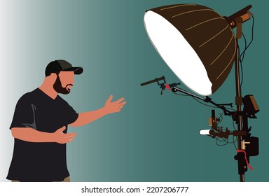 Man doing video recording at home with minimal light and camera. Technology information and media at home for video content creator illustration vector