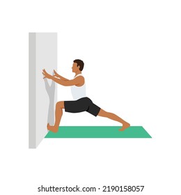 Man doing Virabhadrasana I to the wall exercise. Flat vector illustration isolated on white background