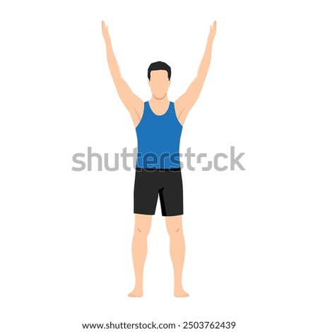 Man doing Volcano Pose, Upward Hand Pose, Upward Salute Pose or Tadasana Urdhva Hastasana. Flat vector illustration isolated on white background