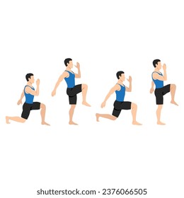 Man doing Walking lunges exercise. Flat vector illustration isolated on white background