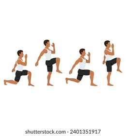 Man doing Walking lunges exercise. Flat vector illustration isolated on white background