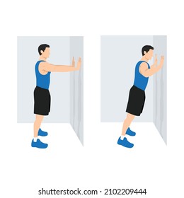 Man Doing Wall Push Up. Standing Press Up Exercise. Flat Vector Illustration Isolated On White Background. Workout Character Set