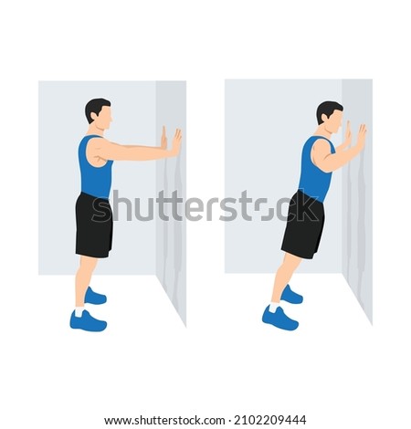 Man doing Wall push up. Standing press up exercise. Flat vector illustration isolated on white background. workout character set Foto d'archivio © 