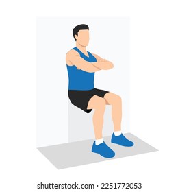 Man doing wall sit exercise. Flat vector illustration isolated on white background