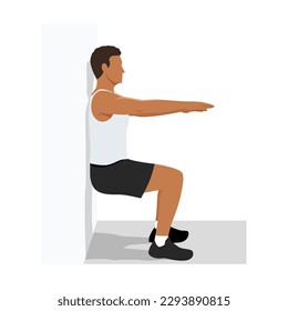 Man doing wall sit exercise. Flat vector illustration isolated on white background