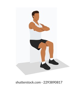 Man doing wall sit exercise. Flat vector illustration isolated on white background