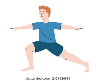 Man doing warrior II pose. Male person in doodle style.