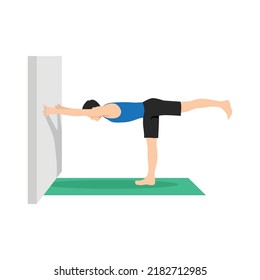 Man doing warrior III pose virabhadrasana III to the wall exercise. Flat vector illustration isolated on white background