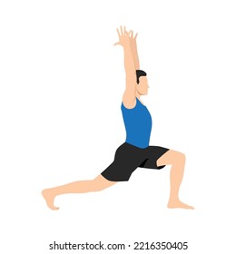 Man doing warrior I pose virabhadrasana exercise. . Flat vector illustration isolated on white background