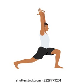 Man doing warrior I pose virabhadrasana exercise. Flat vector illustration isolated on white background