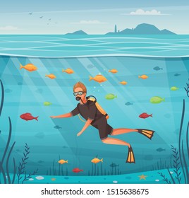 Man Doing Water Sports Diving Surrounded By Colorful Fish Cartoon Vector Illustration