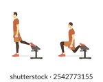 Man doing the Weighted Dumbbell Bulgarian Split Squat with Bench in 2 steps. Exercise diagram about a very challenging workout with exercise equipment.