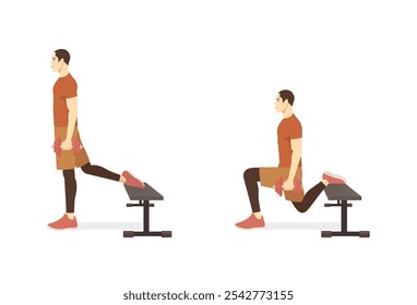 Mann tun die gewichtete Hantel Bulgarisch Split Squat mit Bank in 2 Schritten. Trainingsdiagramm über ein sehr anspruchsvolles Training mit Trainingsgeräten.