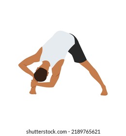 Man doing wide legged forward bend pose prasarita padottanasana exercise. Flat vector illustration isolated on white background