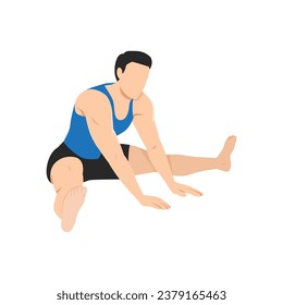 Man doing wide legged seated forward lean stretch exercise. Practice Agnistambhasana Leaning Forward. Flat vector illustration isolated on white background