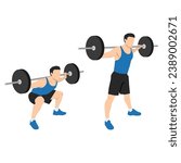 Man doing wide stance sumo barbell squats. Flat vector illustration isolated on white background