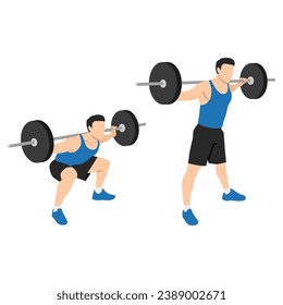 Man doing wide stance sumo barbell squats. Flat vector illustration isolated on white background