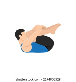 Man doing Wind Release Pose Nose To Knee. Pawanmuktasana Nose To Knee. Flat vector illustration isolated on white background