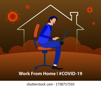 Hombre haciendo trabajo desde casa por Covid-19. Quédate en casa salva vidas. Cuarentena interna. Crecer la economía, ahorrar recursos naturales y luchar contra el virus de la corona. Afiche, pancarta, volante, post gráfico en medios sociales.