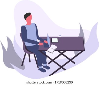a man doing work from home with laptop flat style vector illustration