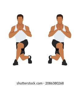 man doing workout with Alternating Curtsy Lunge in 2 steps. Illustration about Exercise guide.