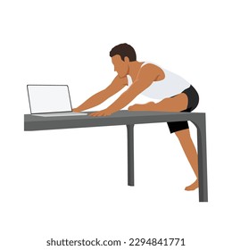 Man doing workout at office pigeon pose on the desk yoga exercise, Flat vector illustration isolated 