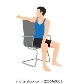 Hombre haciendo ejercicio en la silla de oficina con giro espinal. ejercicio de ardha matsyendrasana. Ilustración vectorial plana aislada en fondo blanco