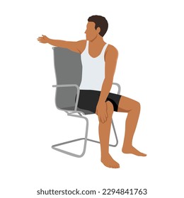 Man doing workout at office seated Chair spinal twist. ardha matsyendrasana exercise. Flat vector illustration isolated 