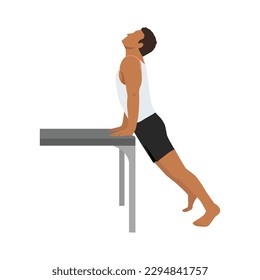Man doing workout at office upward dog on desk. Flat vector illustration isolated on white background.
