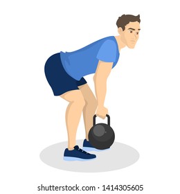 Man doing workout with a weight. Fitness and bodybuilding exercise in the gym. Healthy and active lifestyle. Isolated vector illustration in cartoon style