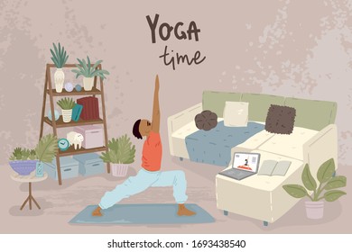 Man doing yoga activity at home, studying class distance illustration in vector. Stay at home and things to do in self isolation and social distancing during epidemic of corona virus.