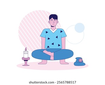 Man doing yoga with aromatherapy at home. Calming the soul. Character design. Vector flat illustration