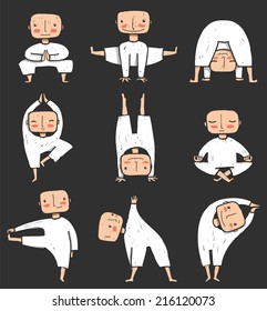 Man doing Yoga Asana Collection. Healthy lifestyle illustration. Vector EPS8 on dark background.