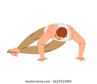 Man doing yoga asana wearing workout clothes. Exercises for strength, balance, and mindfulness.The concept of yoga,meditation,sports,healthy lifestyle. Illustration for apps, banners, leaf out