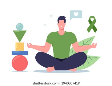 Man Doing Yoga with Balanced Figures Pyramid. Male Character Meditate in Lotus Pose Feel Mental Balance and Self Control, Healthy Lifestyle, Relaxation Emotional Harmony. Cartoon Vector Illustration