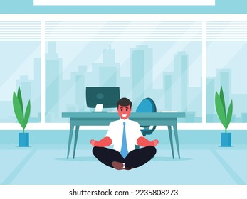 Man doing yoga. Businessman sits in the lotus position. The male character relaxes. Charging to raise the energy of the body. Office interior with large window. Window overlooking city buildings