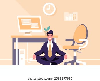 Man doing yoga. Businessman sits in the lotus position. The male character relaxes. Office workplace. Desk with computer and office chair. Vector graphics