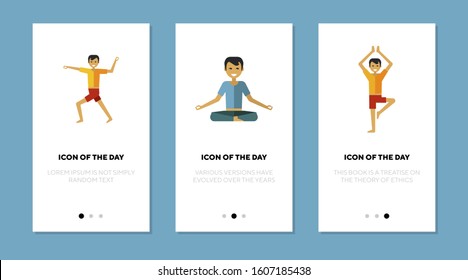 Man doing yoga by himself flat vector icon set. Health, meditation, pose isolated sign pack. Fitness and mindful lifestyle concept. Vector illustration symbol elements for web design and apps.