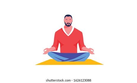 Man Doing Yoga To Calm Down The Stressful Emotion. Concept Of Meditation. Modern Character Vector Illustration. Cartoon Style For Motion Animation. 