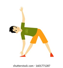 Man doing yoga - cartoon character standing in fitness exercise pose for stretching and balance. Guy with healthy lifestyle smiling isolated on white background - flat vector illustration