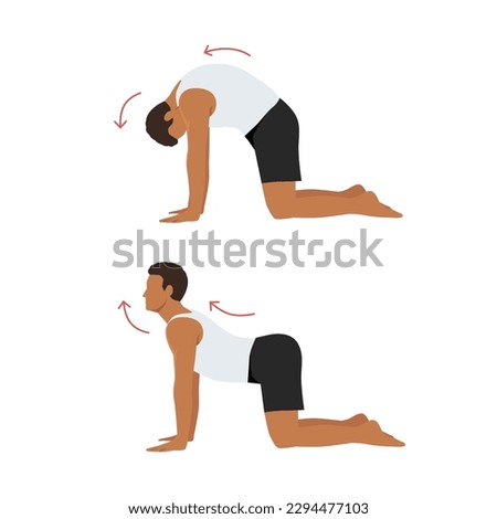 Man doing Yoga. cat cow pose stretch exercise. Flat vector illustration isolated on white background