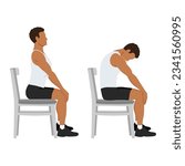 Man doing Yoga. chair cat cow stretch exercise. Flat vector illustration isolated on white background