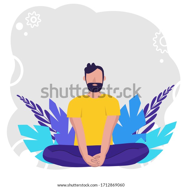 Man doing yoga for Yoga Day Celebration on\
background in nature. Concept illustration for yoga, meditation,\
relax, recreation, healthy lifestyle. Vector illustration in flat.\
Creative poster or banner