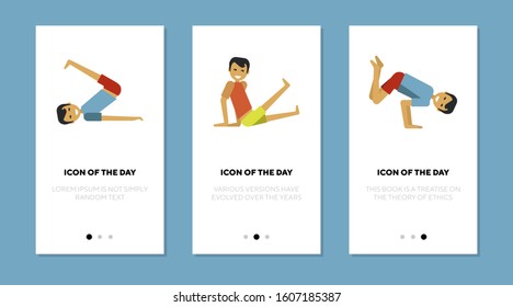 Man doing yoga exercise on floor flat vector icon set. Shape, stretch, hand stand isolated sign pack. Fitness and mindful lifestyle concept. Vector illustration symbol elements for web design and apps