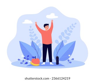 Man doing yoga exercises on mat with fruits vector illustration. Cartoon drawing of person meditating or training. Wellness, nutrition, health, healthy lifestyle concept