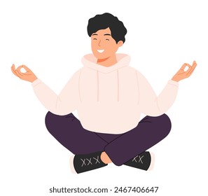 Man doing yoga flat vector illustration. Young boy practice breathing techniques in lotus pose cartoon character. Male yogi practicing relaxation asana. Man focused on pranayama exercise.