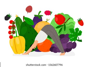 Man doing yoga. Fresh food diet, vegan lifestyle. Vector vegetables and fruits, sporty guy illustration