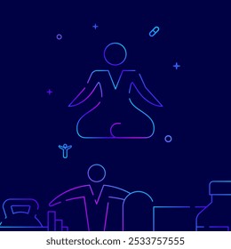 Man doing yoga gradient line vector icon, simple illustration on a dark blue background, fitness and healthy lifestyle related bottom border.