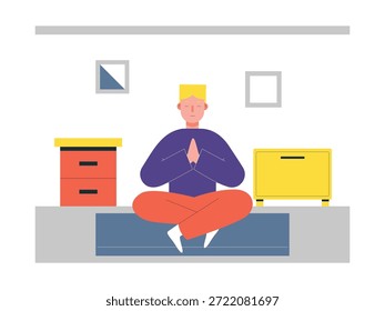Hombre haciendo yoga en casa, cerrando los ojos y centrándose. Diseño de personajes. Ilustración plana de Vector.